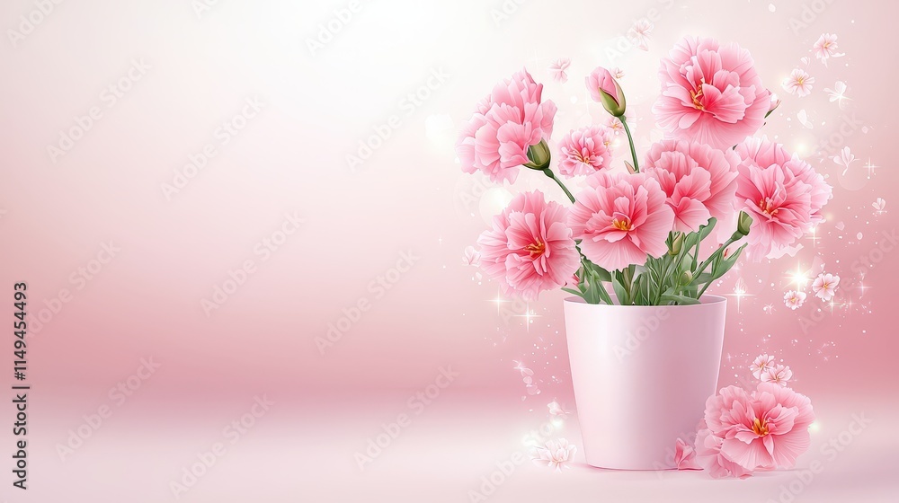 Charming carnations with delicate details in a light and cute pot, placed on a soft pink backgrounds with glowing highlights, perfect for spring themes. Charming carnations with delicate details in a light and cute pot, placed on a soft pink backgrounds with glowing highlights, perfect for spring themes.