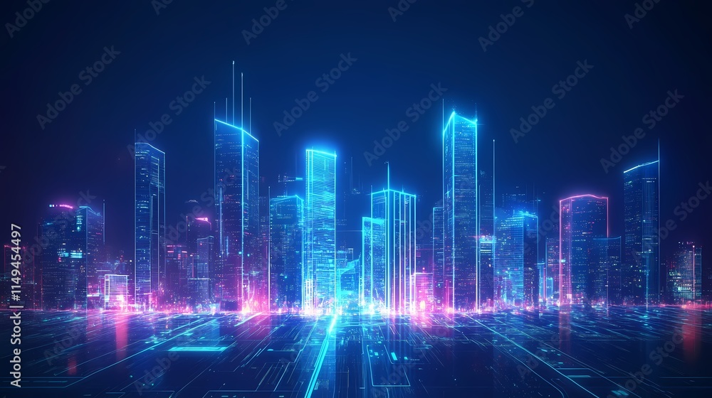 Fototapeta premium Futuristic Cityscape at Night with Neon Lights and Digital Elements