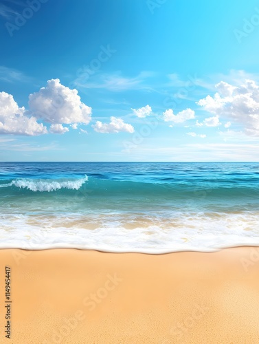 Tranquil Beach Scene with Clear Blue Sky and Gentle Waves on Sandy Shoreline