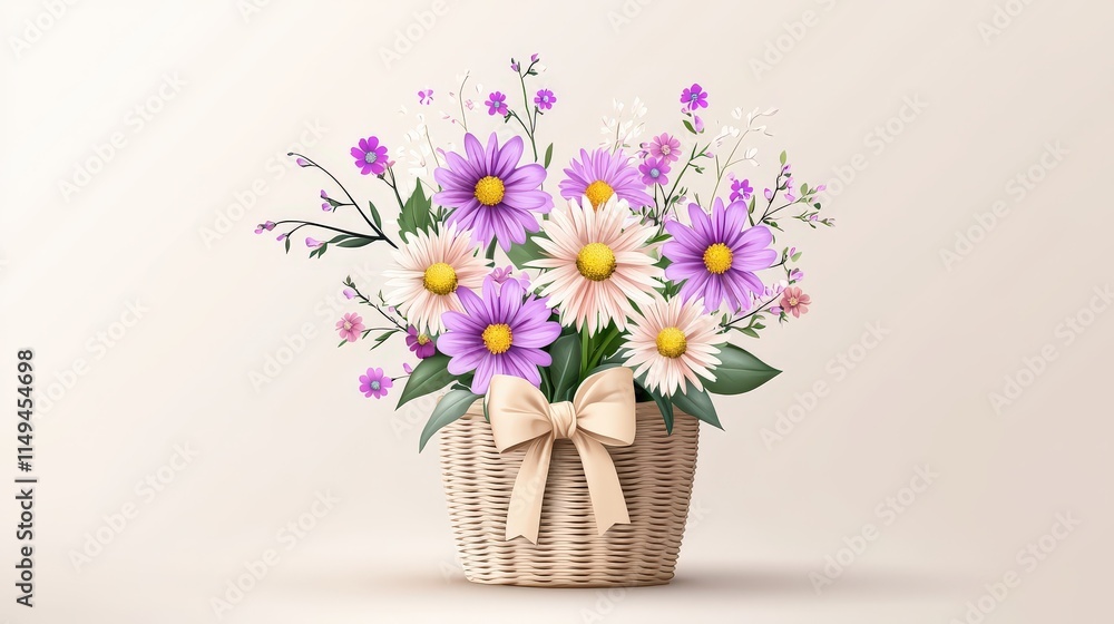 Charming of asters in a beige rattan basket with a cute bow, placed against a soft light-colored backgrounds, ideal for joyful and feminine designs. Charming of asters in a beige rattan basket with a cute bow, placed against a soft light-colored backgrounds, ideal for joyful and feminine designs.