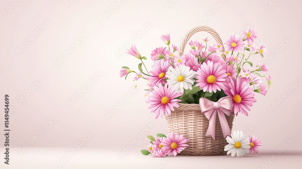Charming of asters in a beige rattan basket with a cute bow, placed against a soft light-colored backgrounds, ideal for joyful and feminine designs. Charming of asters in a beige rattan basket with a cute bow, placed against a soft light-colored backgrounds, ideal for joyful and feminine designs.