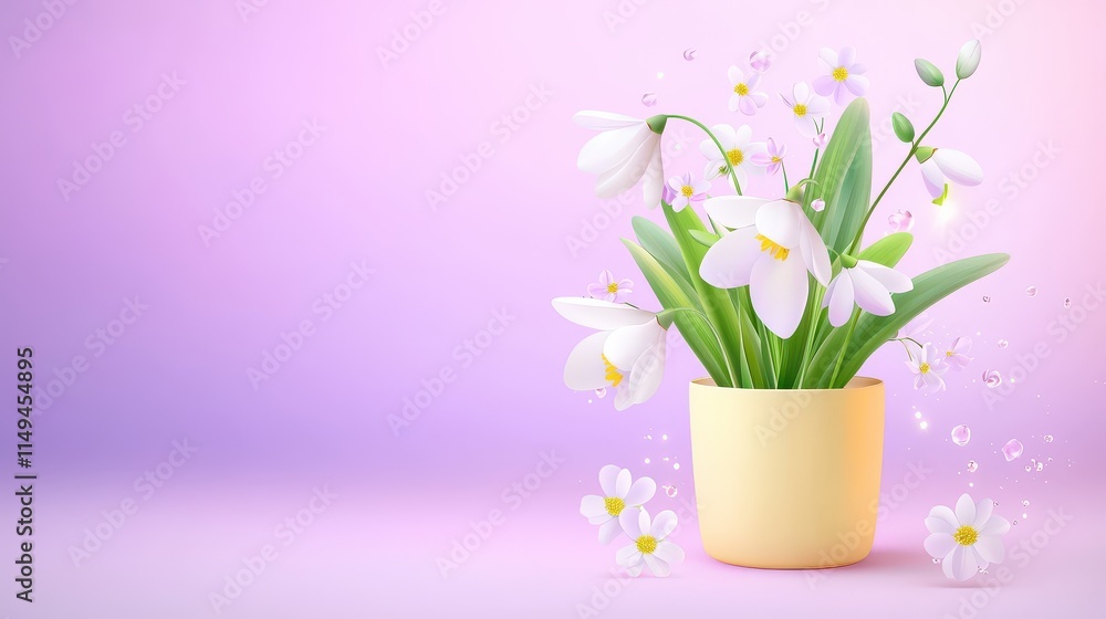 Charming snowdrop in a cute light yellow pot, placed on a violet backgrounds with soft lighting, capturing a modern and elegant look. Charming snowdrop in a cute light yellow pot, placed on a violet backgrounds with soft lighting, capturing a modern and elegant look.
