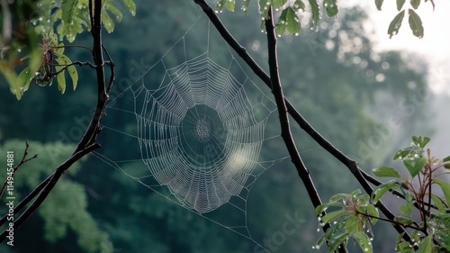 Dewdrops adorn a spiders intricate web between branches