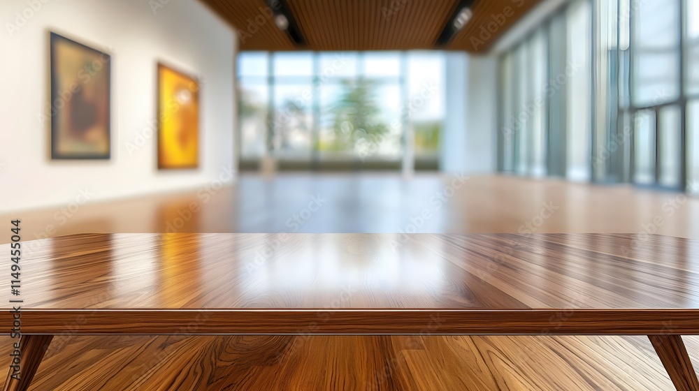Fototapeta premium Modern Art Gallery Interior with Blurred Background and Elegant Wooden Table