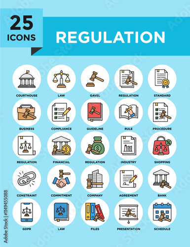 Regulation icon collection set. Containing design law, regulation, legal, compliance, management, business	