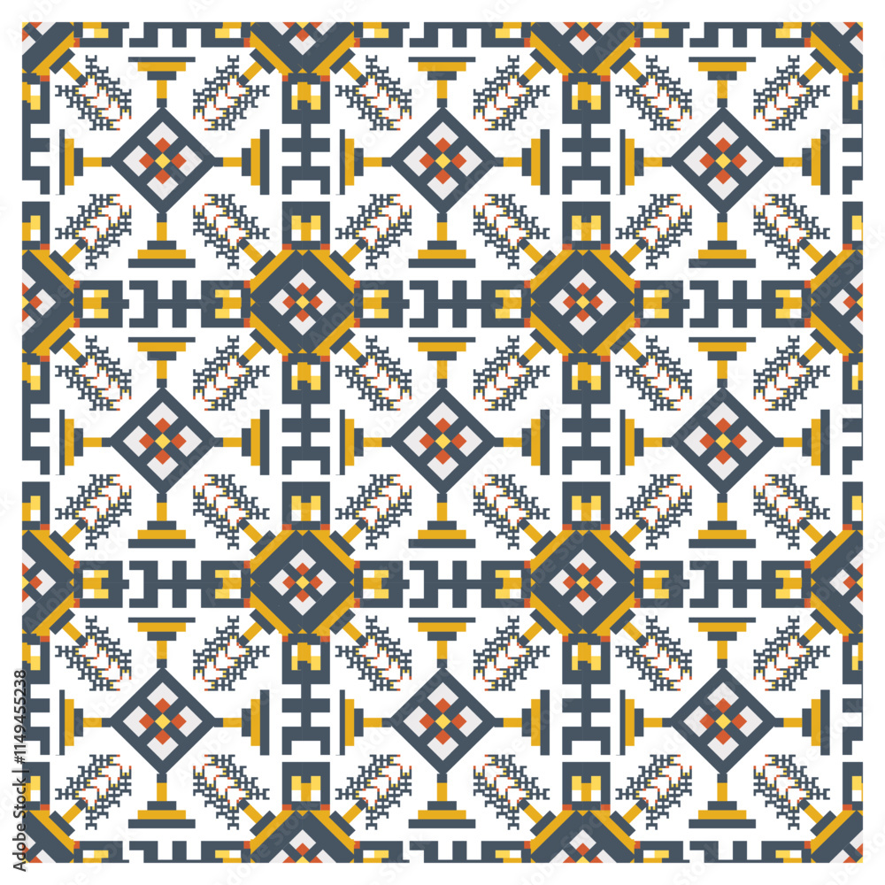 A colorful scarf square patterned textile design with geometric borders and a central diamond motif. A colorful scarf square patterned textile design with geometric borders and a central diamond motif.
