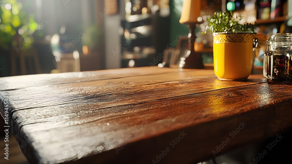 Rustic Wooden Table with Sunlight and Potted Plant in Cozy Indoor Setting Rustic Wooden Table with Sunlight and Potted Plant in Cozy Indoor Setting