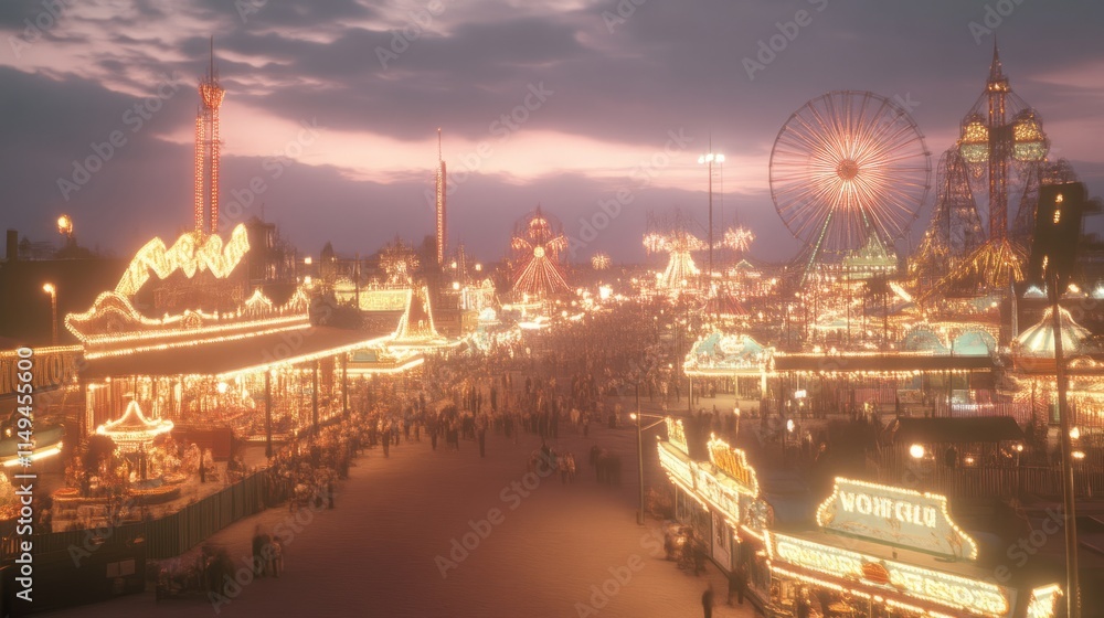 Fototapeta premium Twilight Delights at 1920s Carnival: Colorful Rides and Festive Fun under Sparkling Lights