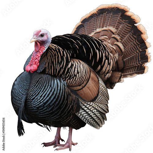 A clipart of a beautiful, isolated turkey on a white background. The turkey has a red wattle around its neck and a red, raised area on its head. The turkey is facing forward.
