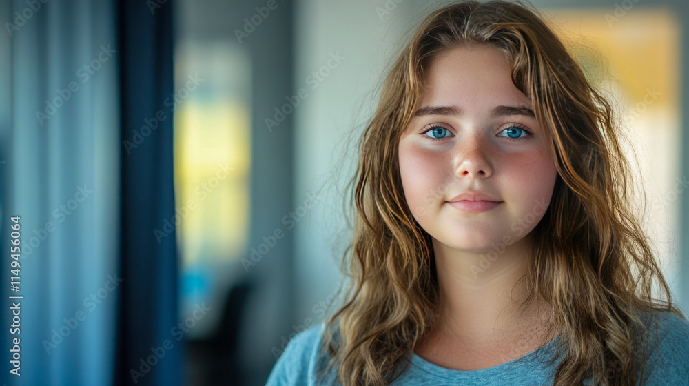 Caucasian female teen with long hair and blue eyes in casual attire indoors Caucasian female teen with long hair and blue eyes in casual attire indoors