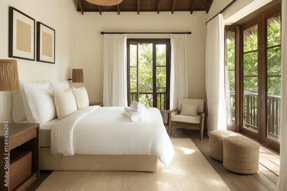 Fototapeta premium A serene bedroom featuring comfortable bed with white linens, natural light streaming through large windows, and cozy seating area. warm tones and textures create relaxing atmosphere
