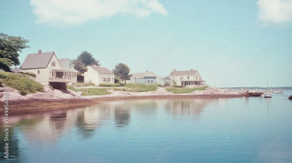 Fototapeta premium Nostalgic Charm of a 1920s Coastal Town: Vintage Cottages, Fishermen, and Family Fun by the Water