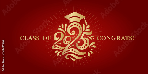 Congratulations on graduation from school, college, institute in 2025. Congratulations for graduates for a holiday, a party, a ball. Gold numbers 2025 year, a graduate's hat and on a blue background.