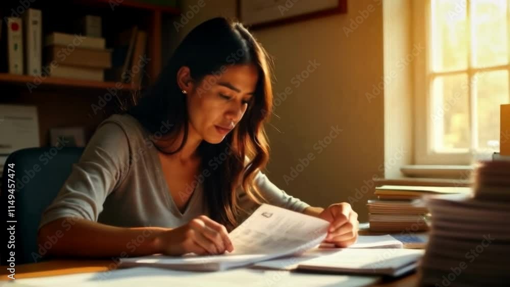 Pulling back from a woman's face as she completely buried in unpaid bills