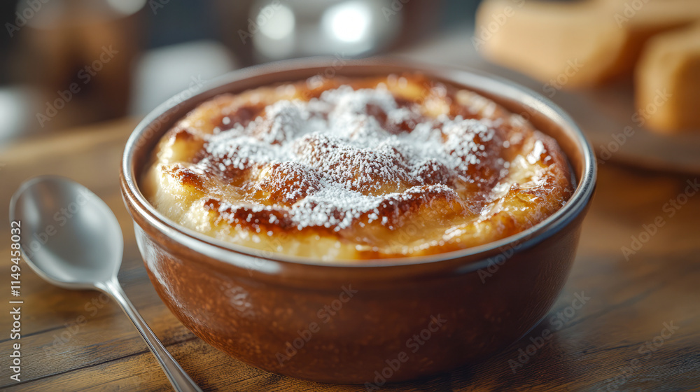 Warm bread pudding with golden crust and powdered sugar on rustic table Warm bread pudding with golden crust and powdered sugar on rustic table