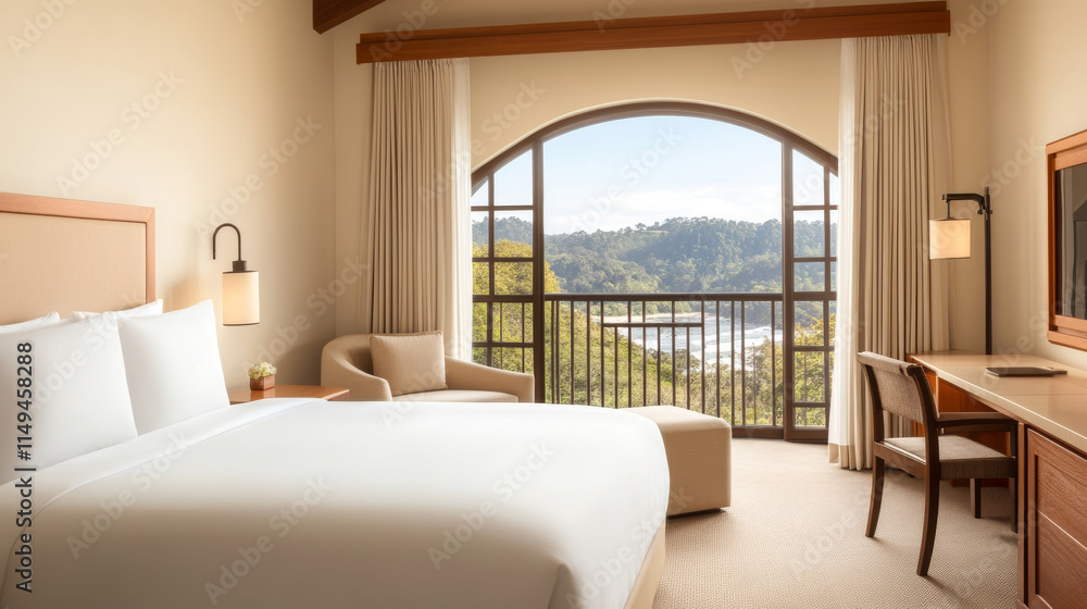 Fototapeta premium A serene hotel room featuring large bed, comfortable seating, and stunning view through an arched window. natural light enhances peaceful atmosphere, perfect for relaxation