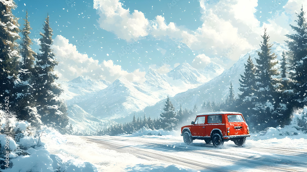 A red vehicle drives through a snowy mountain landscape under a bright sky. A red vehicle drives through a snowy mountain landscape under a bright sky.