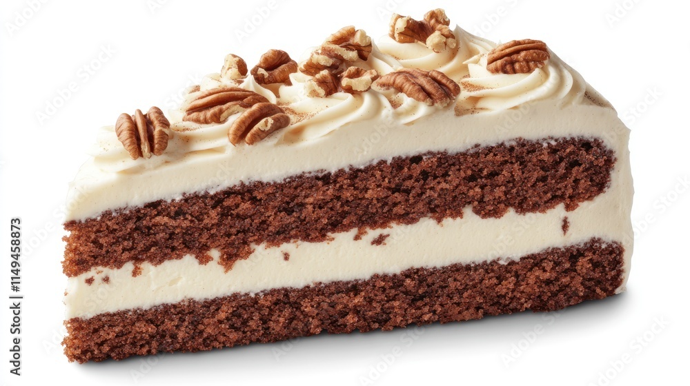 A slice of chocolate cake with cream frosting and pecans on top. A slice of chocolate cake with cream frosting and pecans on top.