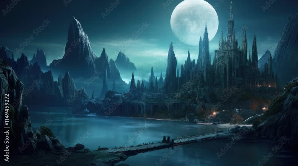 A view of a mysterious building with a supermoon at night. 4k animated video