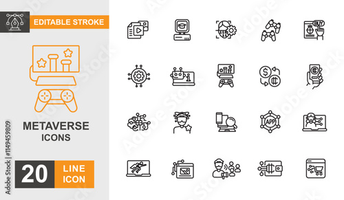 Metaverse line editable icon set. Virtual, blockchain, digital, reality, cyberspace, game and more line icons.