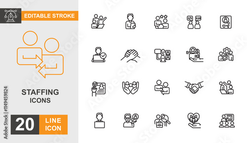 Staffing line editable icon set. Recruitment, hiring, employment, workforce, job and more line icons.