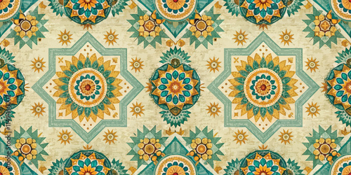 Intricate geometric pattern in warm colors, featuring floral motifs and symmetrical designs.