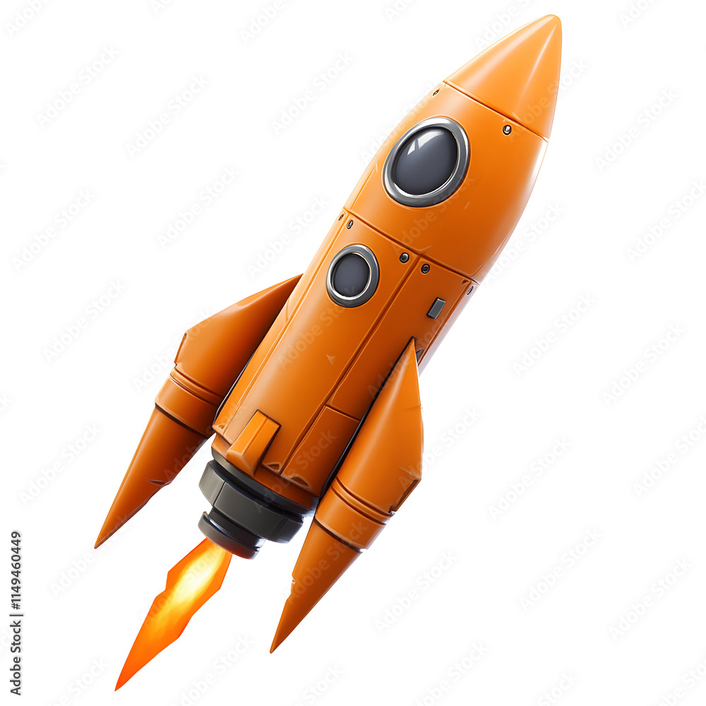Orange Rocket Ship Launching Isolated on White Background Orange Rocket Ship Launching Isolated on White Background