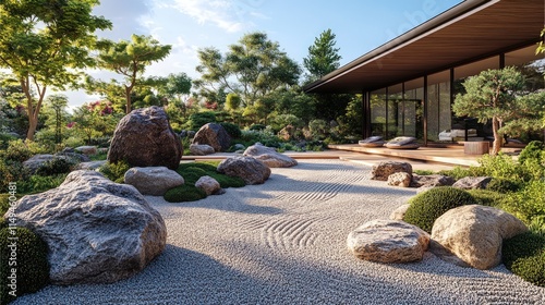 Serene zen garden, rocks, gravel, modern house.