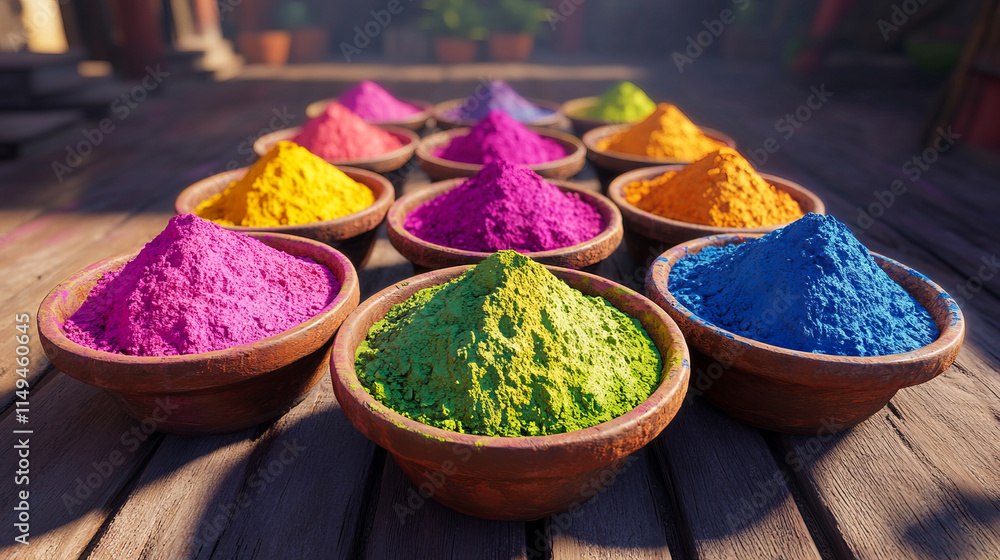 Colorful holi powder display with wooden bowls on sunlit outdoor table Colorful holi powder display with wooden bowls on sunlit outdoor table