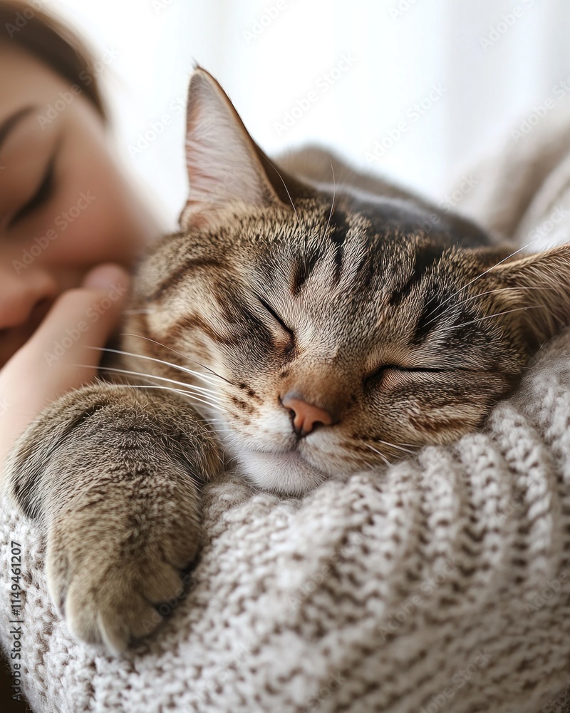 A person cuddles a sleeping cat in a cozy, knitted sweater.
