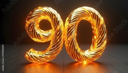 Glowing Golden Number Ninety: A 3D Render of Elegant Ninety photo