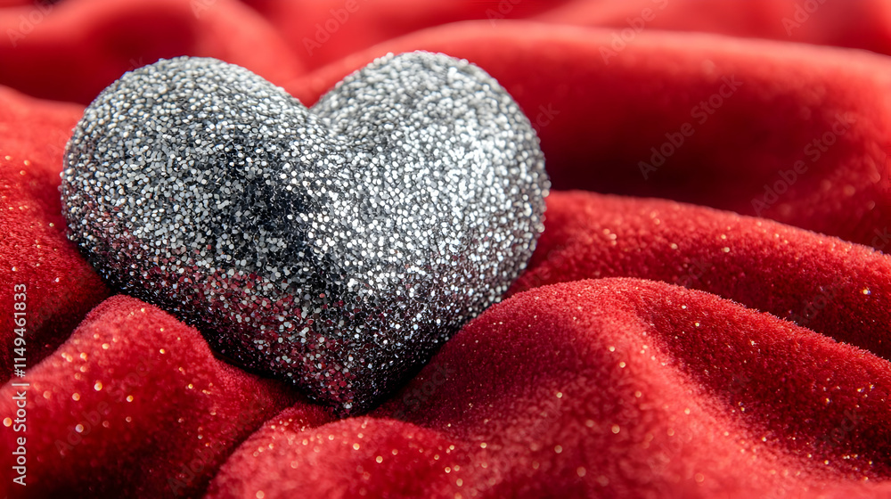 Fototapeta premium Silver Glitter Heart on Red Fabric - Romantic Illustration