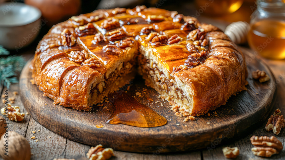 Delicious homemade honey walnut cake on rustic wooden table Delicious homemade honey walnut cake on rustic wooden table