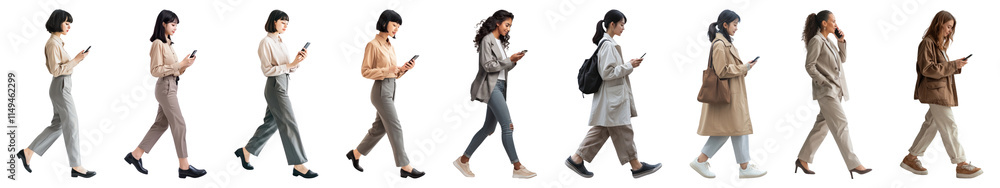 PNG Women walking using smartphones, isolated element set, transparent background PNG Women walking using smartphones, isolated element set, transparent background