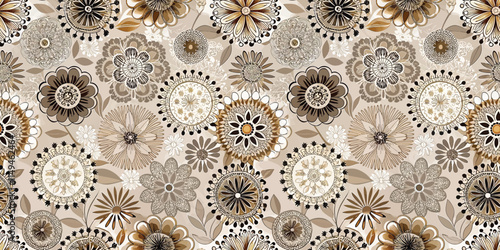 A vibrant floral pattern featuring intricate designs in gold, black, and cream tones.