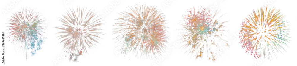 Fototapeta premium PNG Vibrant fireworks illuminate night sky, isolated element set, transparent background