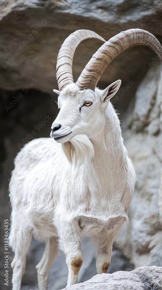 A majestic white goat with impressive curved horns stands against a rocky background. A majestic white goat with impressive curved horns stands against a rocky background.
