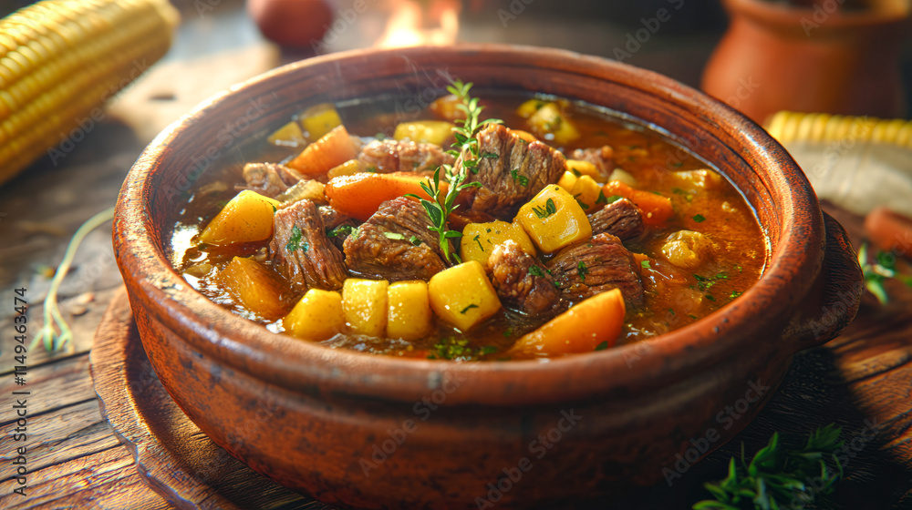 Hearty beef stew with vegetables in rustic clay pot on wooden table Hearty beef stew with vegetables in rustic clay pot on wooden table
