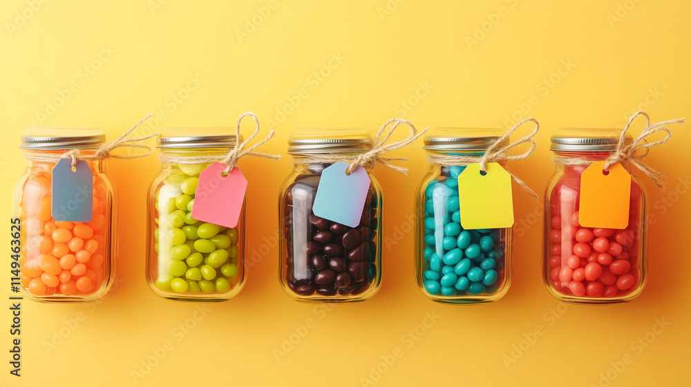 Glass jars of colorful candies with labels Glass jars of colorful candies with labels