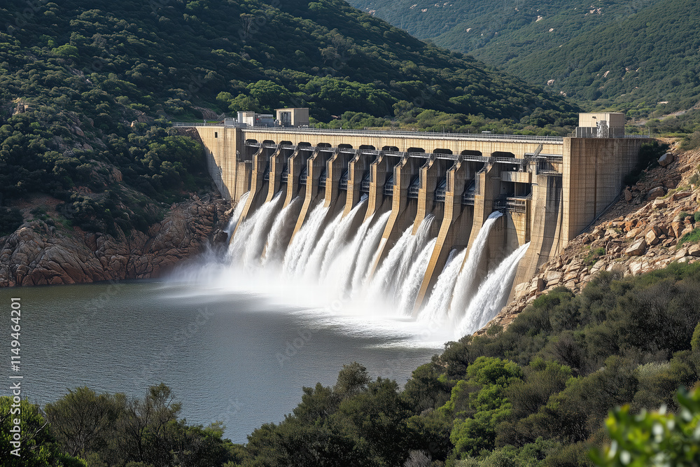 large dam releases water into lush valley surrounded by green hills. Generative Ai large dam releases water into lush valley surrounded by green hills. Generative Ai