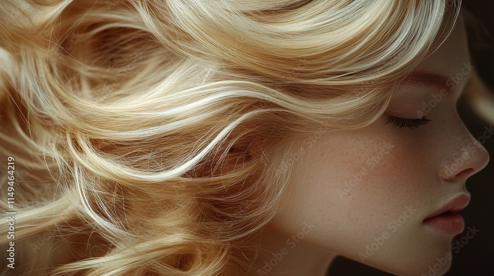 Close-up portrait of a blonde woman with wavy hair and freckles Close-up portrait of a blonde woman with wavy hair and freckles