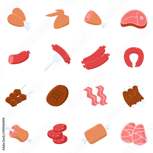 Meat and steak icon set. Fresh meat, boiled sausage, salami and chicken illustrations flat design