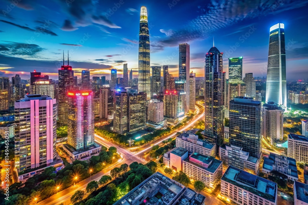 Fototapeta premium Panoramic Night View of Guangzhou Tianhe CBD, Skyscrapers, City Lights, China