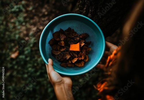 Woman Holding Bowl of Autumn Mushrooms Forest Gathering photo