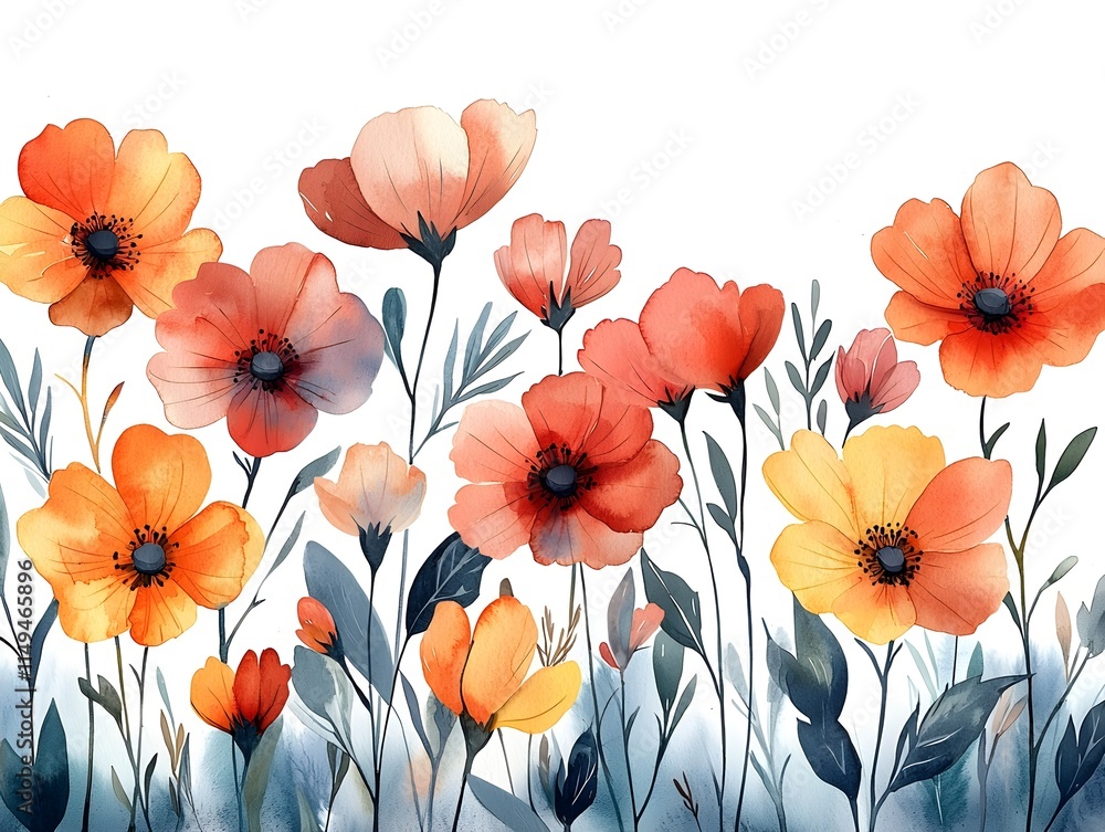 Obraz premium Watercolor of small flowers with slender petals and long leaves in retro colors