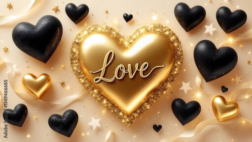 Obraz premium Golden and Black Hearts with Love Text and Glittering Background