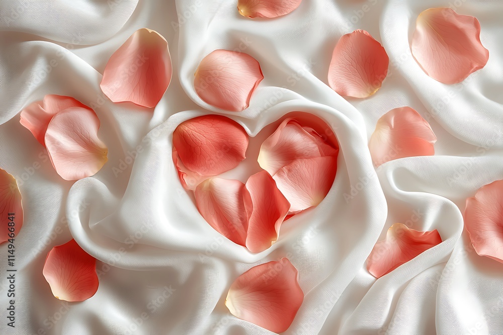 Heart-Shaped Arrangement of Rose Petals on White Silk Fabric. Heart-Shaped Arrangement of Rose Petals on White Silk Fabric.