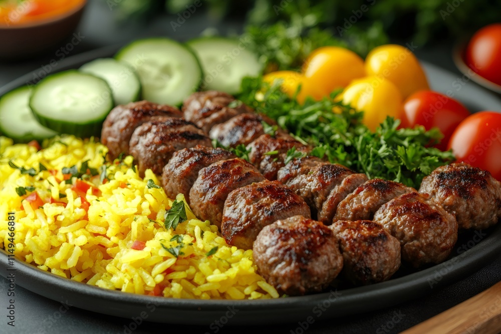 Kofta kebabs served with saffron rice and fresh vegetables, creating a vibrant middle eastern feast Kofta kebabs served with saffron rice and fresh vegetables, creating a vibrant middle eastern feast