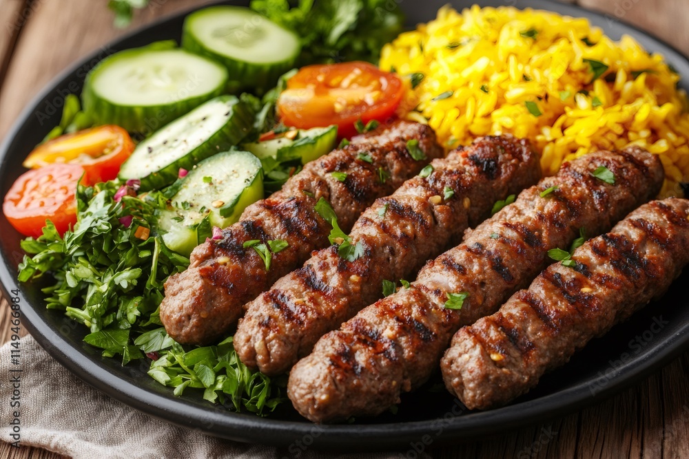 Grilled kofta kebabs served with saffron rice and fresh salad Grilled kofta kebabs served with saffron rice and fresh salad