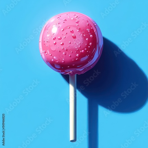 Pink candy apple on a stick against blue background photo